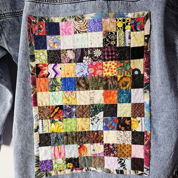 Upcycled Boho Patchwork Jean Jacket Size L Fringed Lace Handmade Eclectic - Picture 6 of 8
